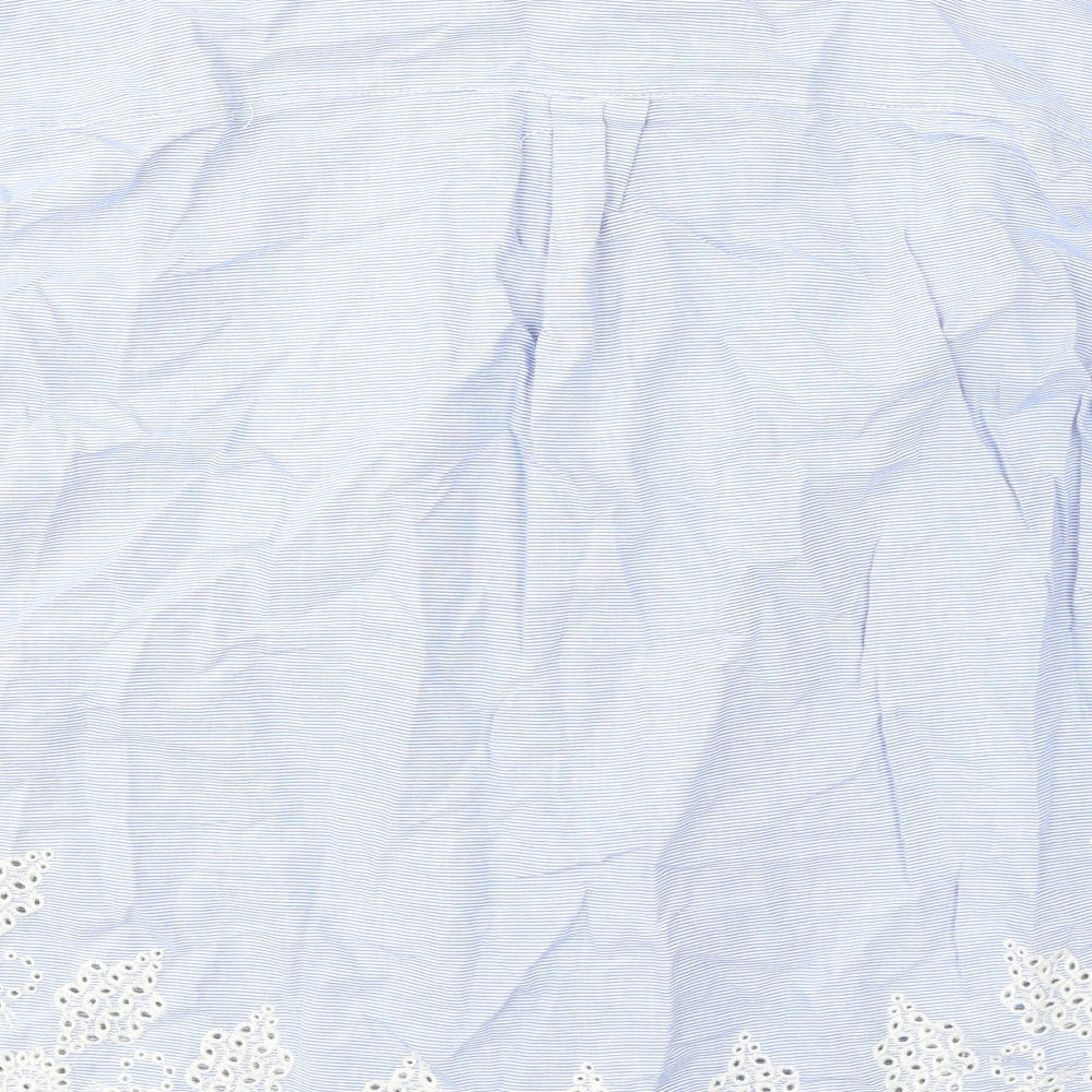 H&M Womens Blue Striped 100% Cotton Basic Button-Up Size 14 Collared - Broderie Anglaise Details