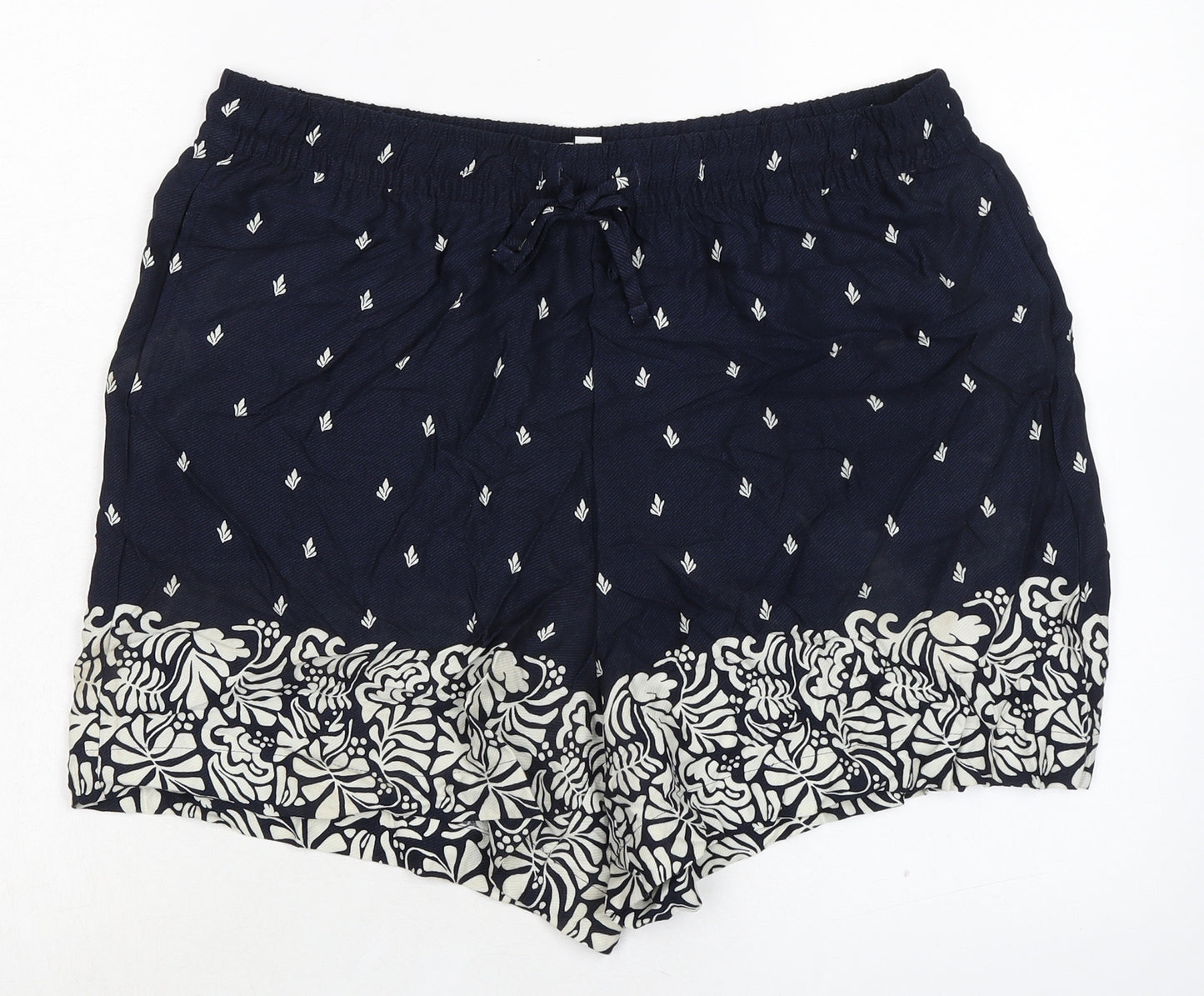 Marks and Spencer Womens Blue Geometric Viscose Basic Shorts Size 16 Regular Drawstring - Leaf Print
