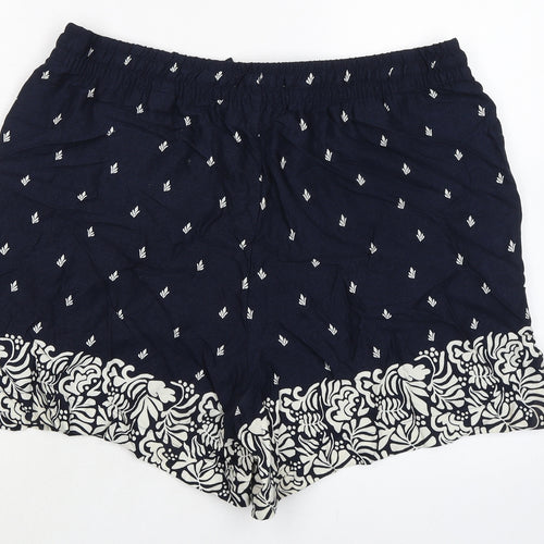 Marks and Spencer Womens Blue Geometric Viscose Basic Shorts Size 16 Regular Drawstring - Leaf Print