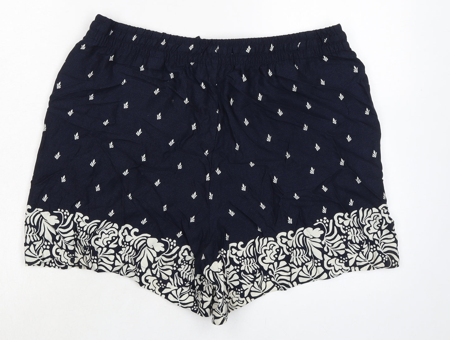 Marks and Spencer Womens Blue Geometric Viscose Basic Shorts Size 16 Regular Drawstring - Leaf Print