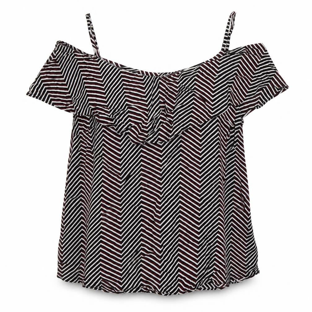 Front view of Therapy women’s multicoloured geometric viscose basic blouse, size UK 14, off the shoulder