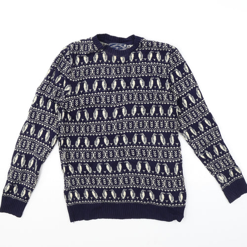 New Look Mens Blue Crew Neck Fair Isle Acrylic Pullover Jumper Size S Long Sleeve - Penguin