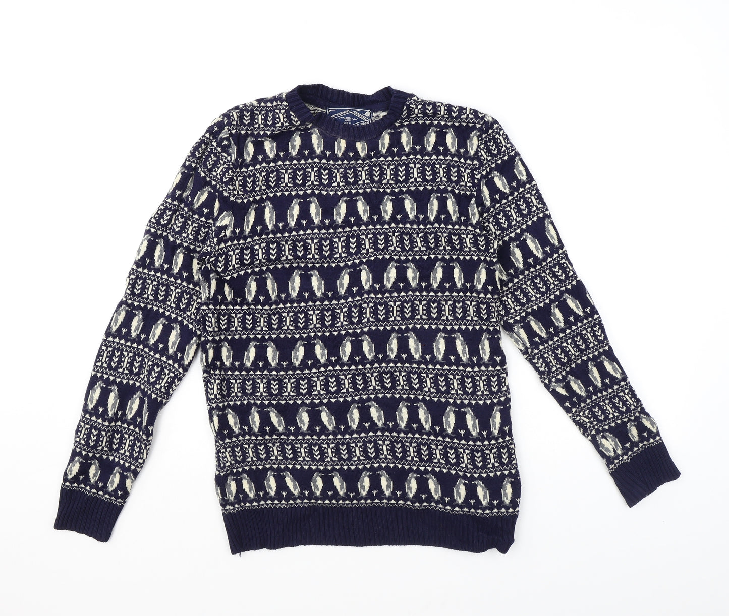 New Look Mens Blue Crew Neck Fair Isle Acrylic Pullover Jumper Size S Long Sleeve - Penguin