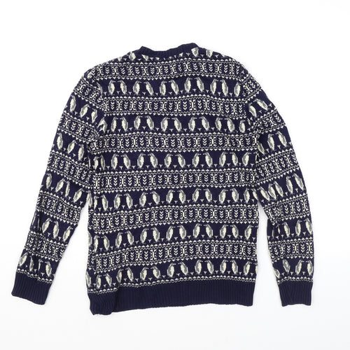 New Look Mens Blue Crew Neck Fair Isle Acrylic Pullover Jumper Size S Long Sleeve - Penguin