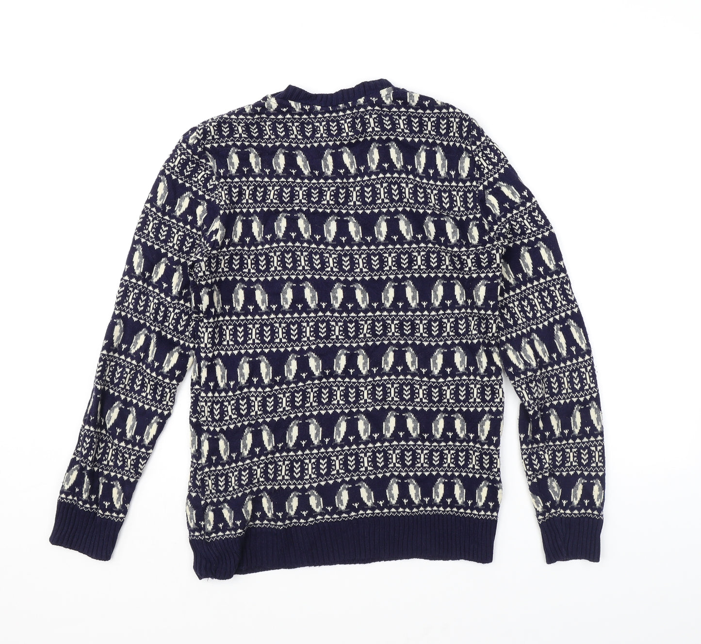 New Look Mens Blue Crew Neck Fair Isle Acrylic Pullover Jumper Size S Long Sleeve - Penguin