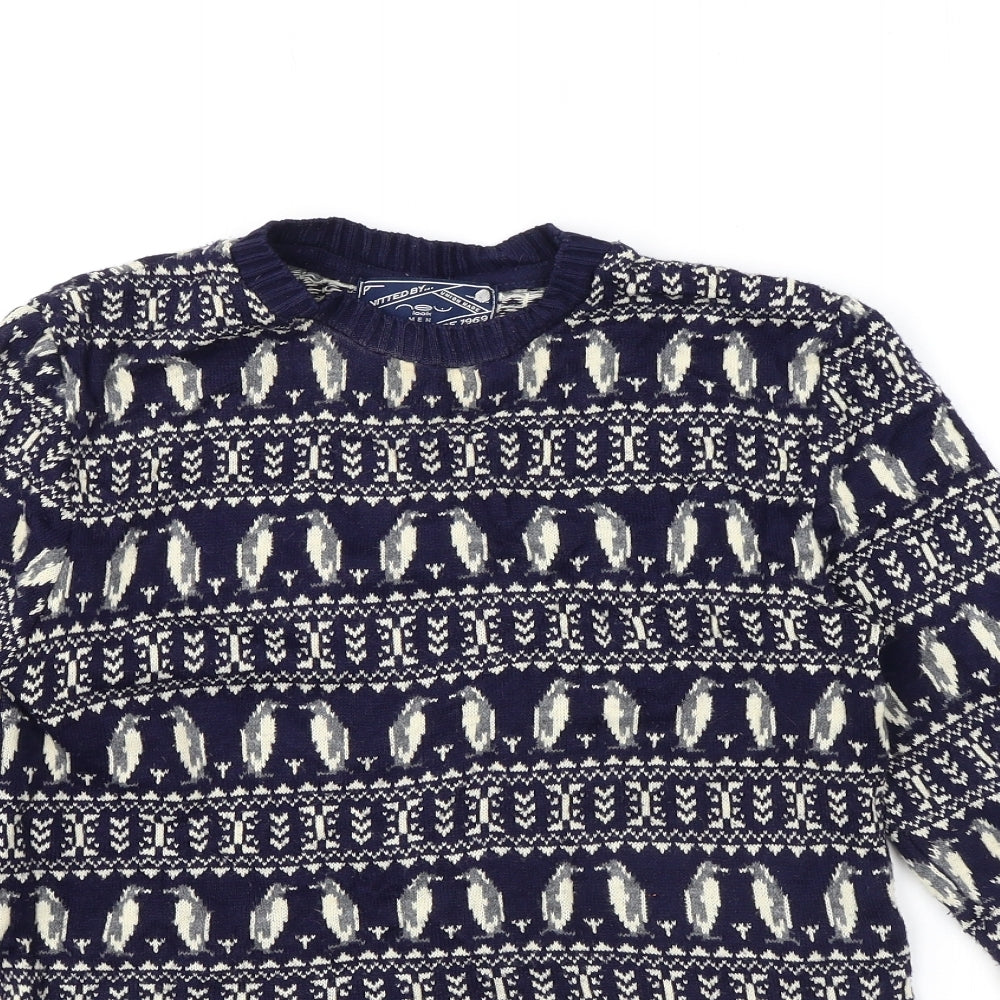 New Look Mens Blue Crew Neck Fair Isle Acrylic Pullover Jumper Size S Long Sleeve - Penguin