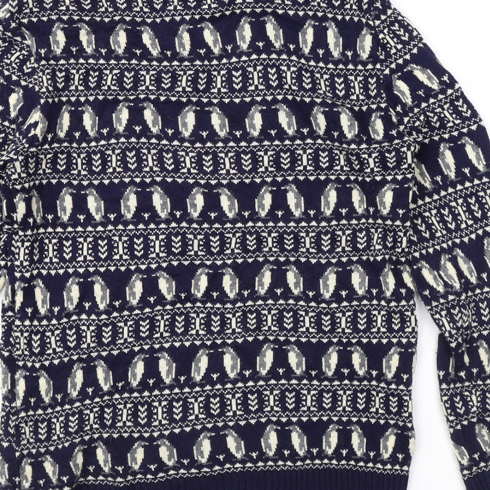 New Look Mens Blue Crew Neck Fair Isle Acrylic Pullover Jumper Size S Long Sleeve - Penguin