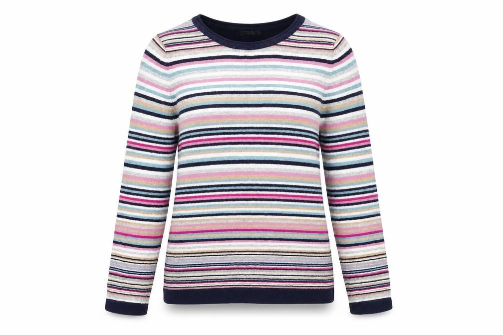 Front view of Bonmarché women’s multicoloured round neck striped cotton jumper, size S