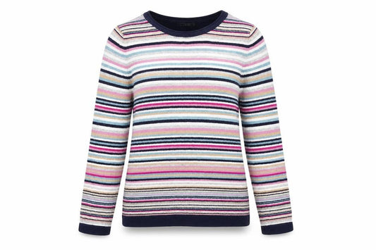 Front view of Bonmarché women’s multicoloured round neck striped cotton jumper, size S
