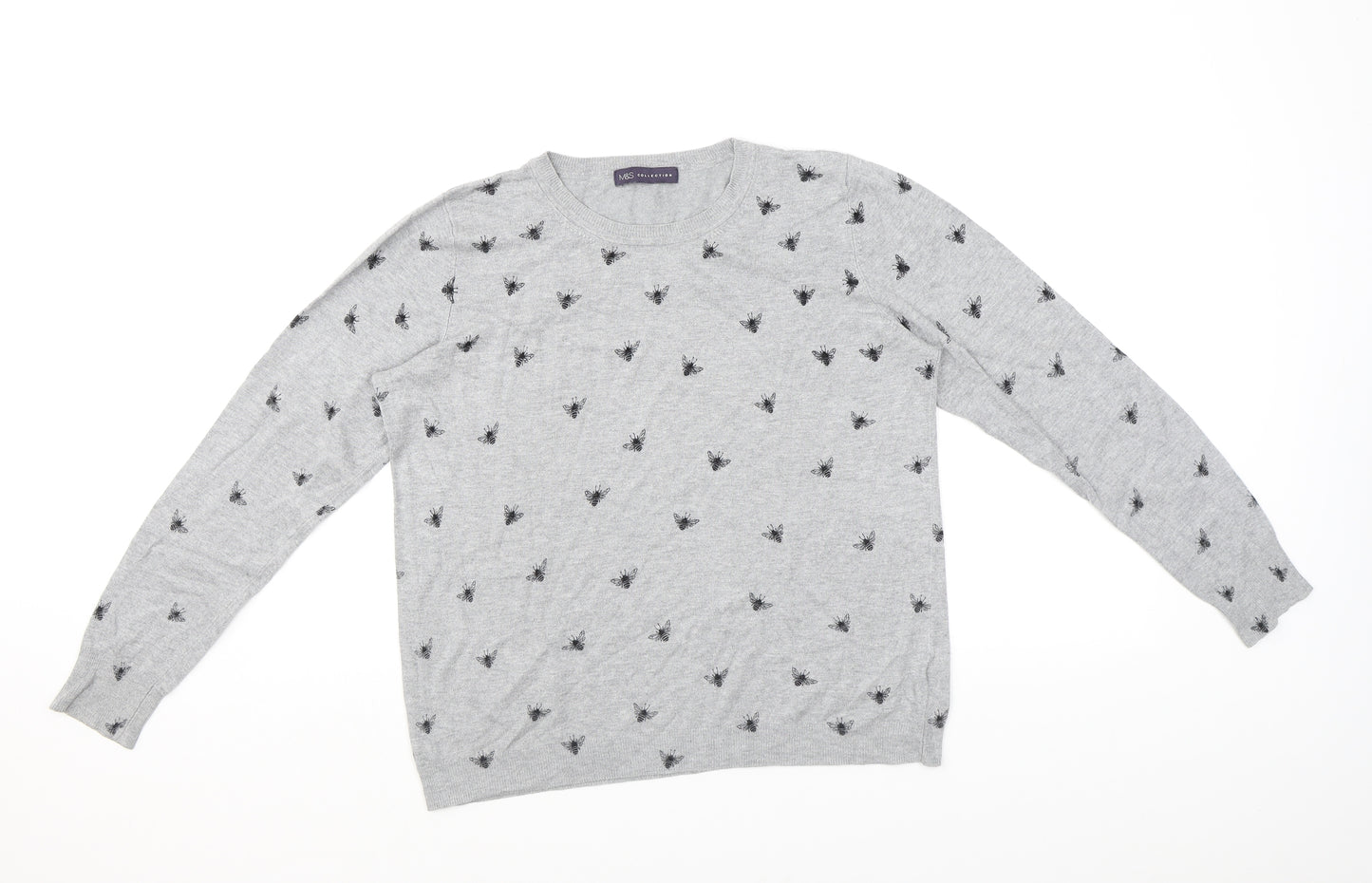 Marks and Spencer Womens Grey Round Neck Geometric Viscose Pullover Jumper Size 16
