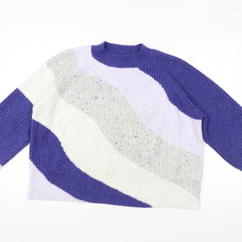 Marks and Spencer Womens Blue Mock Neck Geometric Acrylic Pullover Jumper Size M