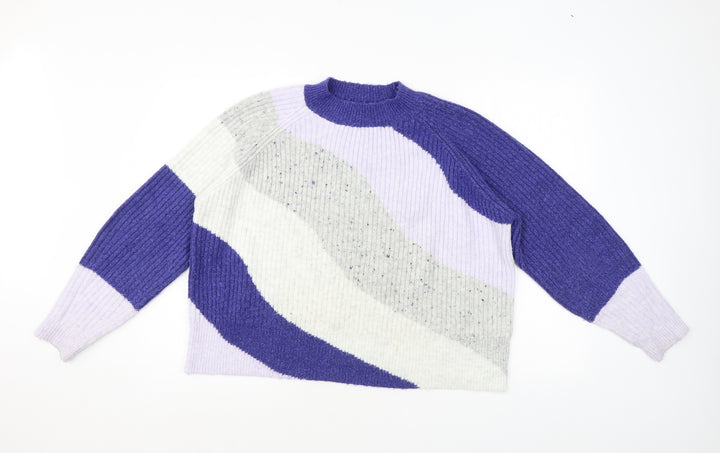 Marks and Spencer Womens Blue Mock Neck Geometric Acrylic Pullover Jumper Size M
