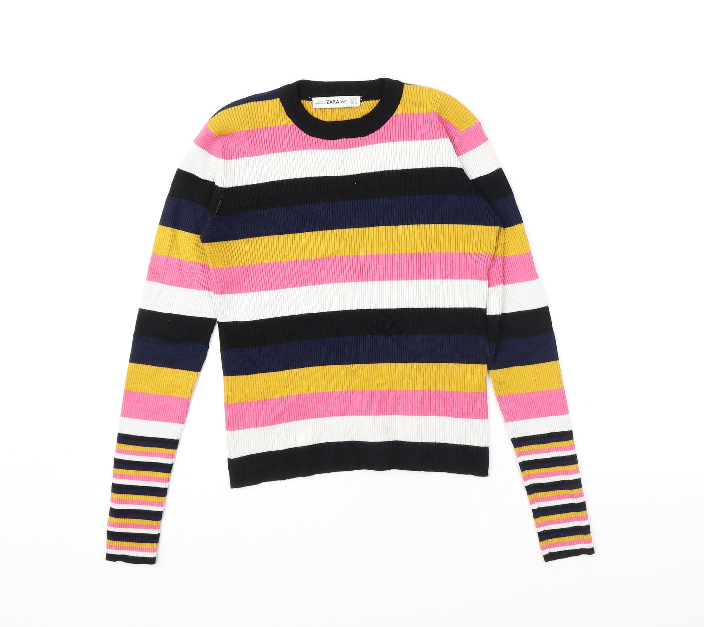 Zara Womens Multicoloured Round Neck Striped Viscose Pullover Jumper Size M