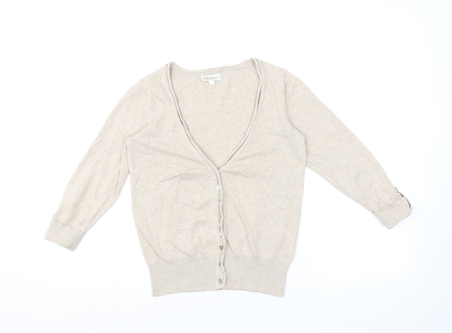 Monsoon Womens Beige V-Neck 100% Cotton Cardigan Jumper Size S