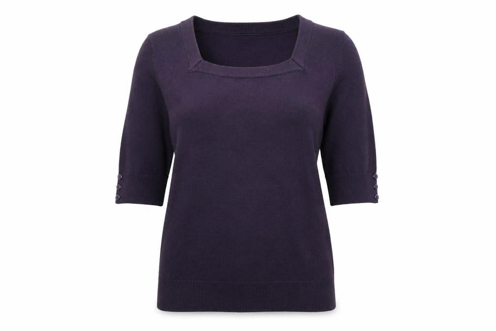 Front view of Classics women’s purple square neck acrylic jumper, size UK 14