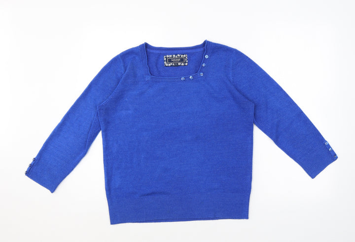 Maine Womens Blue Square Neck Acrylic Pullover Jumper Size 12