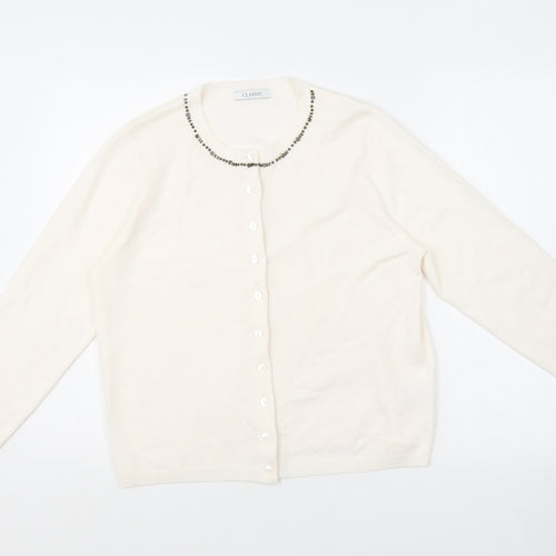 Classic Womens Beige Round Neck Acrylic Cardigan Jumper Size 12