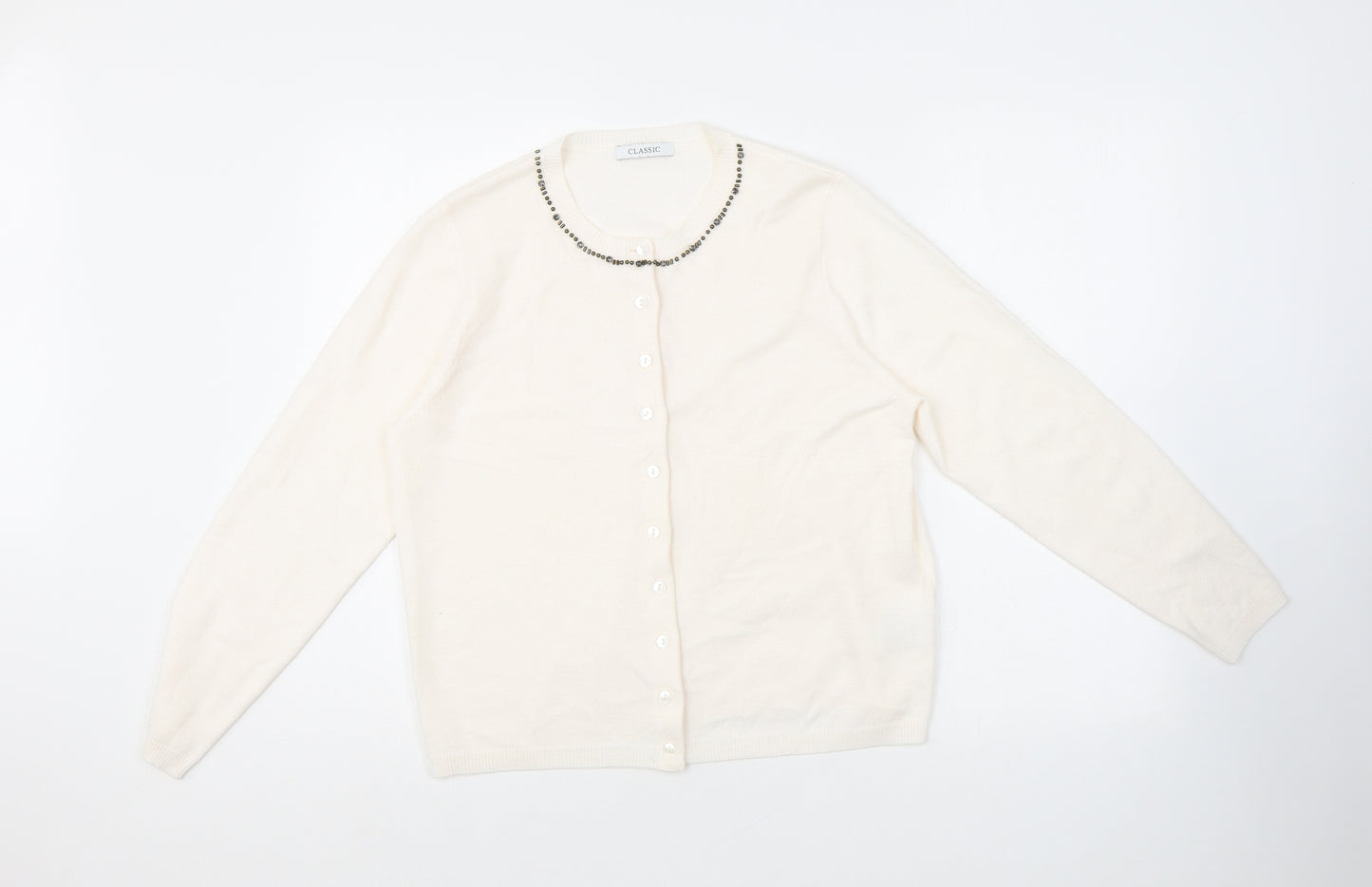 Classic Womens Beige Round Neck Acrylic Cardigan Jumper Size 12
