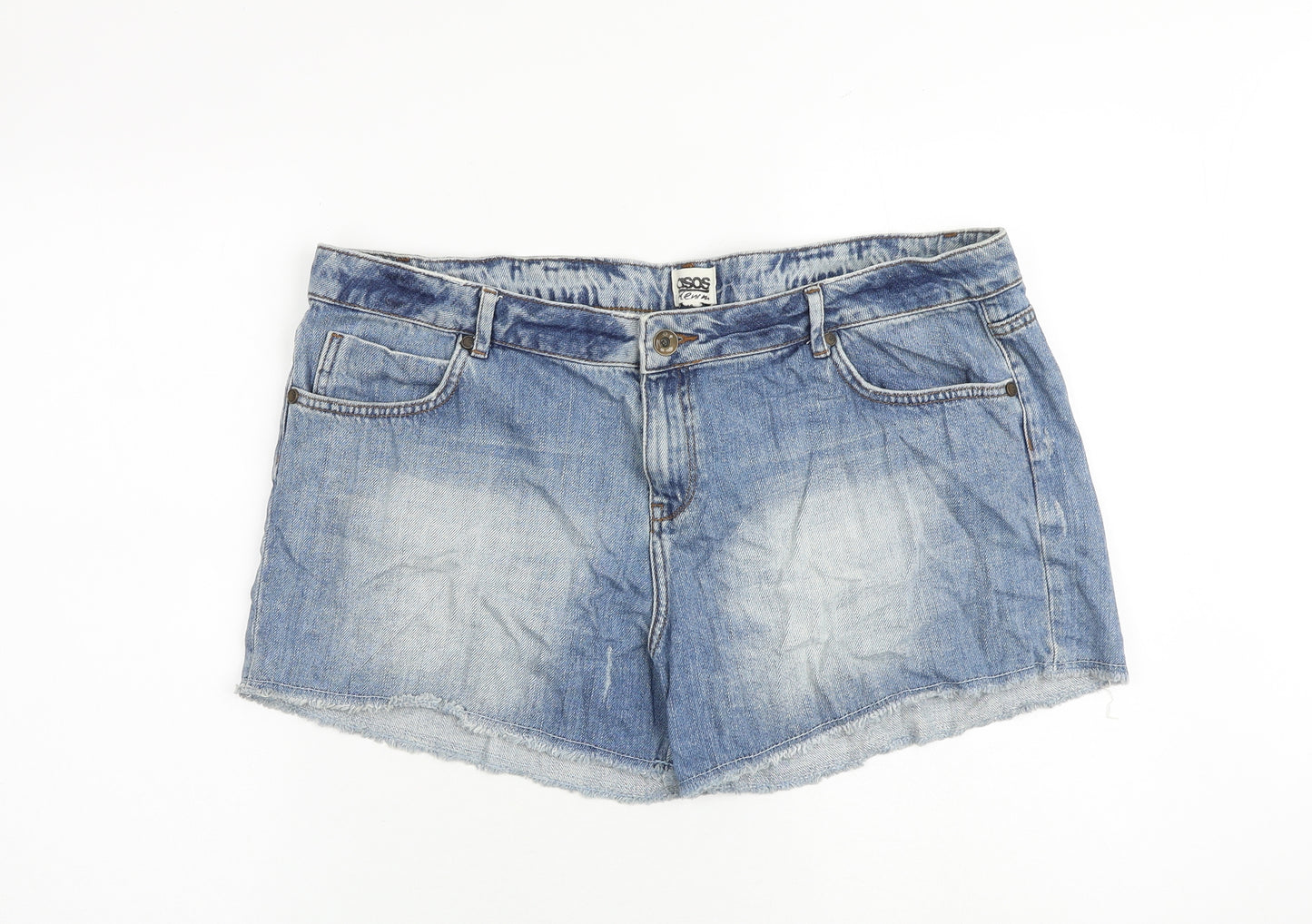 ASOS Womens Blue Cotton Cut-Off Shorts Size 18 Regular Zip - Washed Colour Effect, Distressed Look