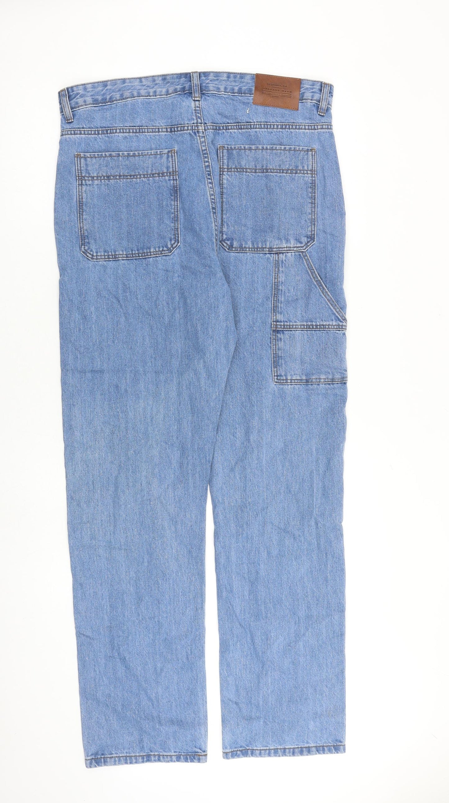 Marks and Spencer Mens Blue Cotton Straight Jeans Size 34 in L34 in Regular Zip