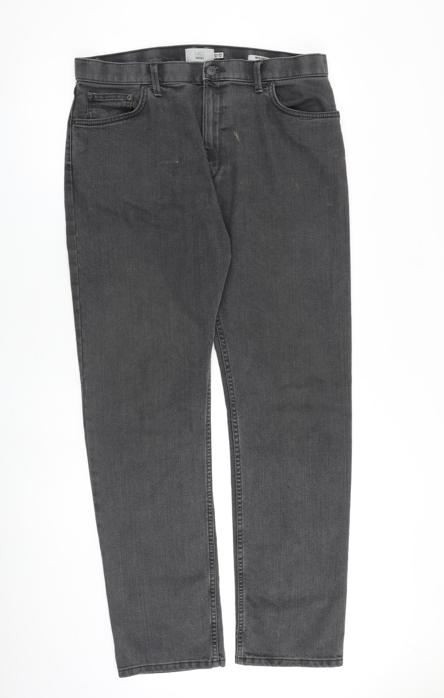 Marks and Spencer Mens Grey Cotton Straight Jeans Size 36 in L33 in Regular Zip