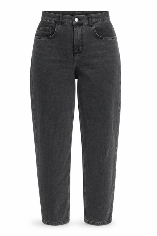 Front view of Reclaimed Vintage women’s grey cotton mom jeans, size UK 28, in, 30-inch leg regular zip