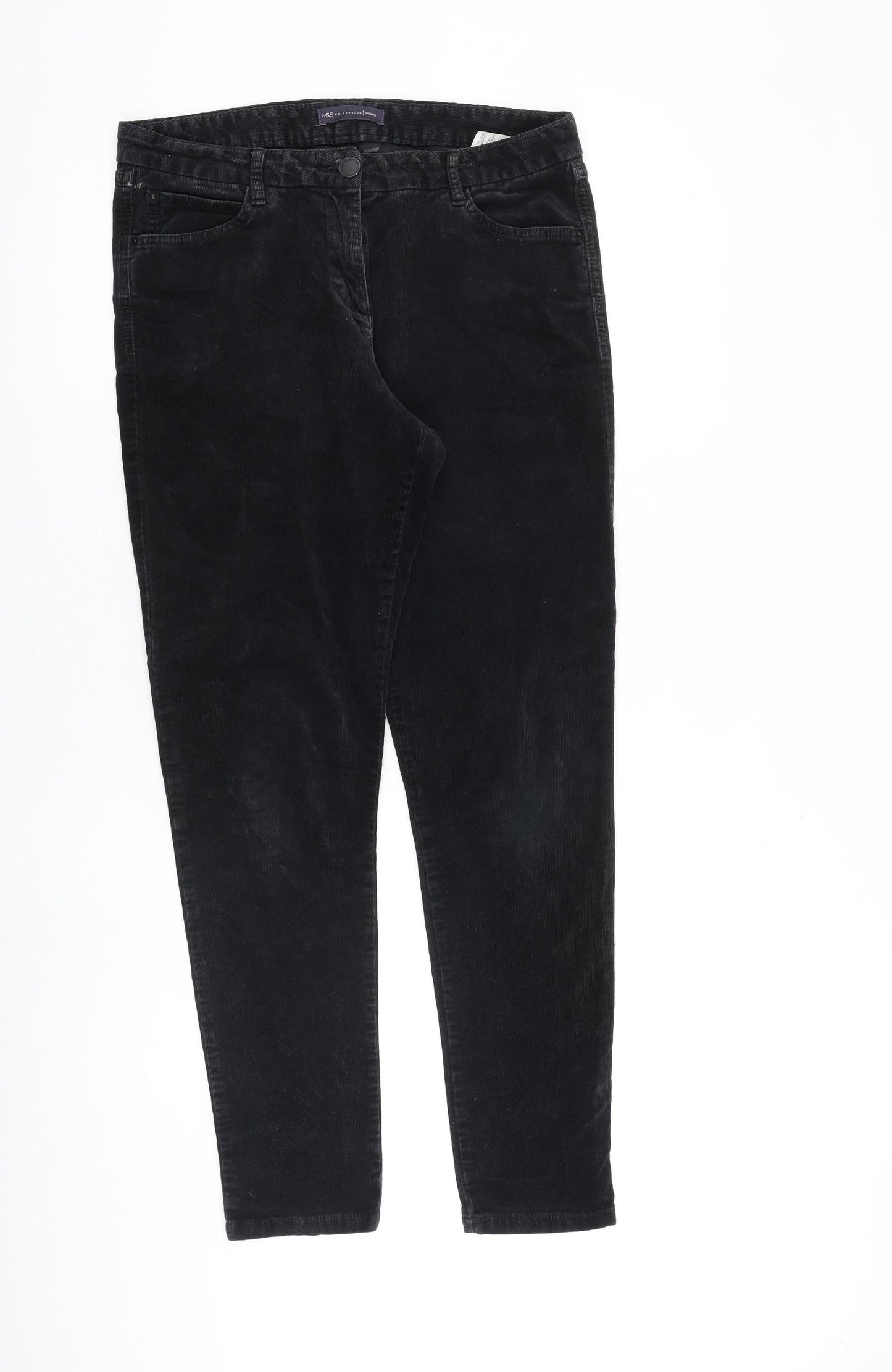 Marks and Spencer Womens Black Cotton Trousers Size 12 L30 in Regular Zip