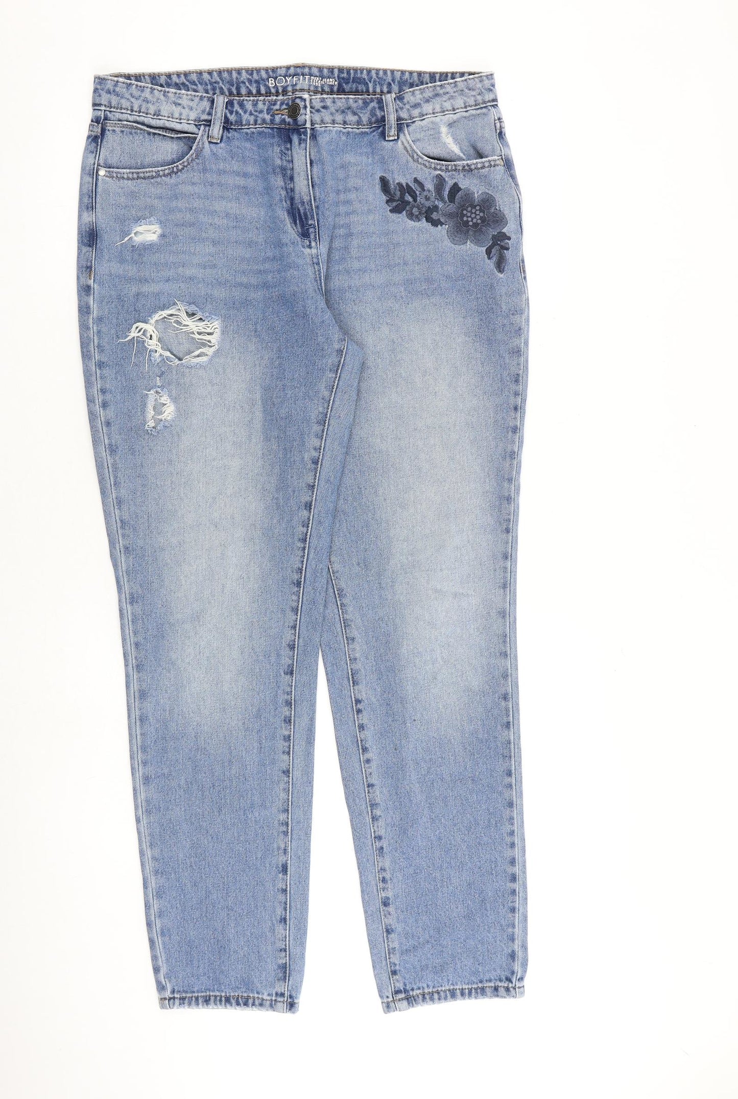 NEXT Womens Blue Cotton Tapered Jeans Size 14 L31 in Regular Zip - Floral Detail