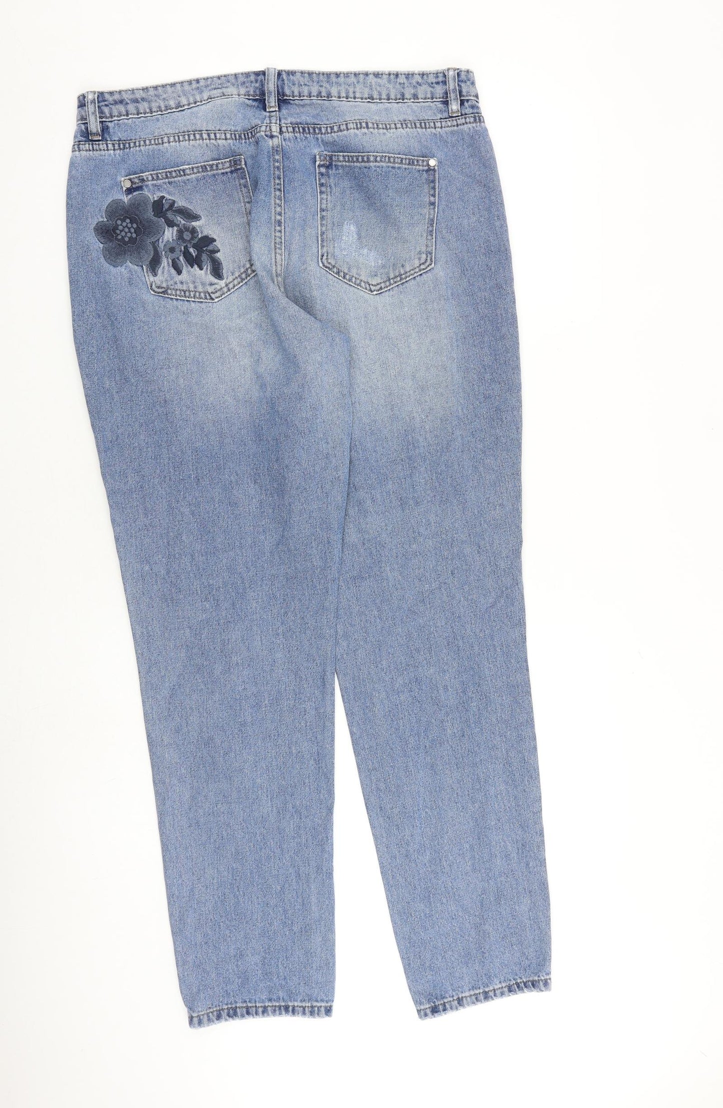 NEXT Womens Blue Cotton Tapered Jeans Size 14 L31 in Regular Zip - Floral Detail