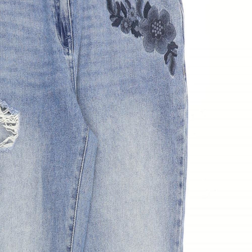 NEXT Womens Blue Cotton Tapered Jeans Size 14 L31 in Regular Zip - Floral Detail