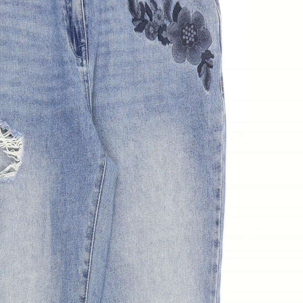 NEXT Womens Blue Cotton Tapered Jeans Size 14 L31 in Regular Zip - Floral Detail