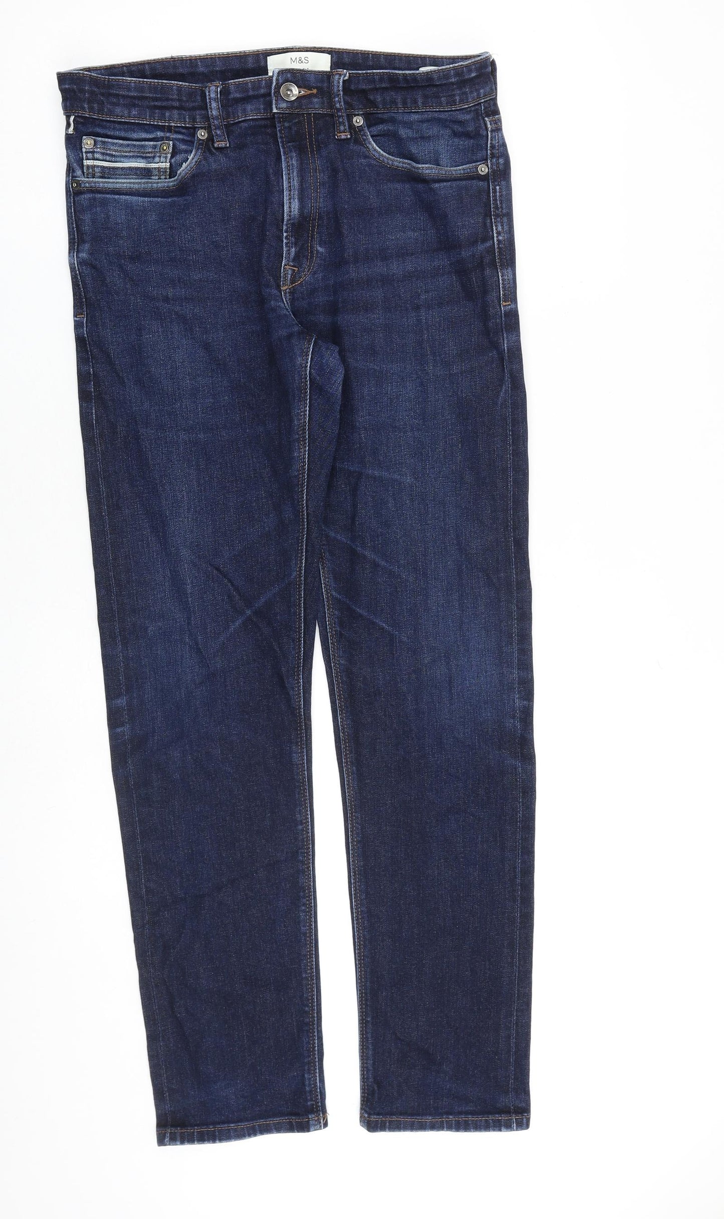 Marks and Spencer Mens Blue Cotton Straight Jeans Size 32 in L33 in Slim Zip