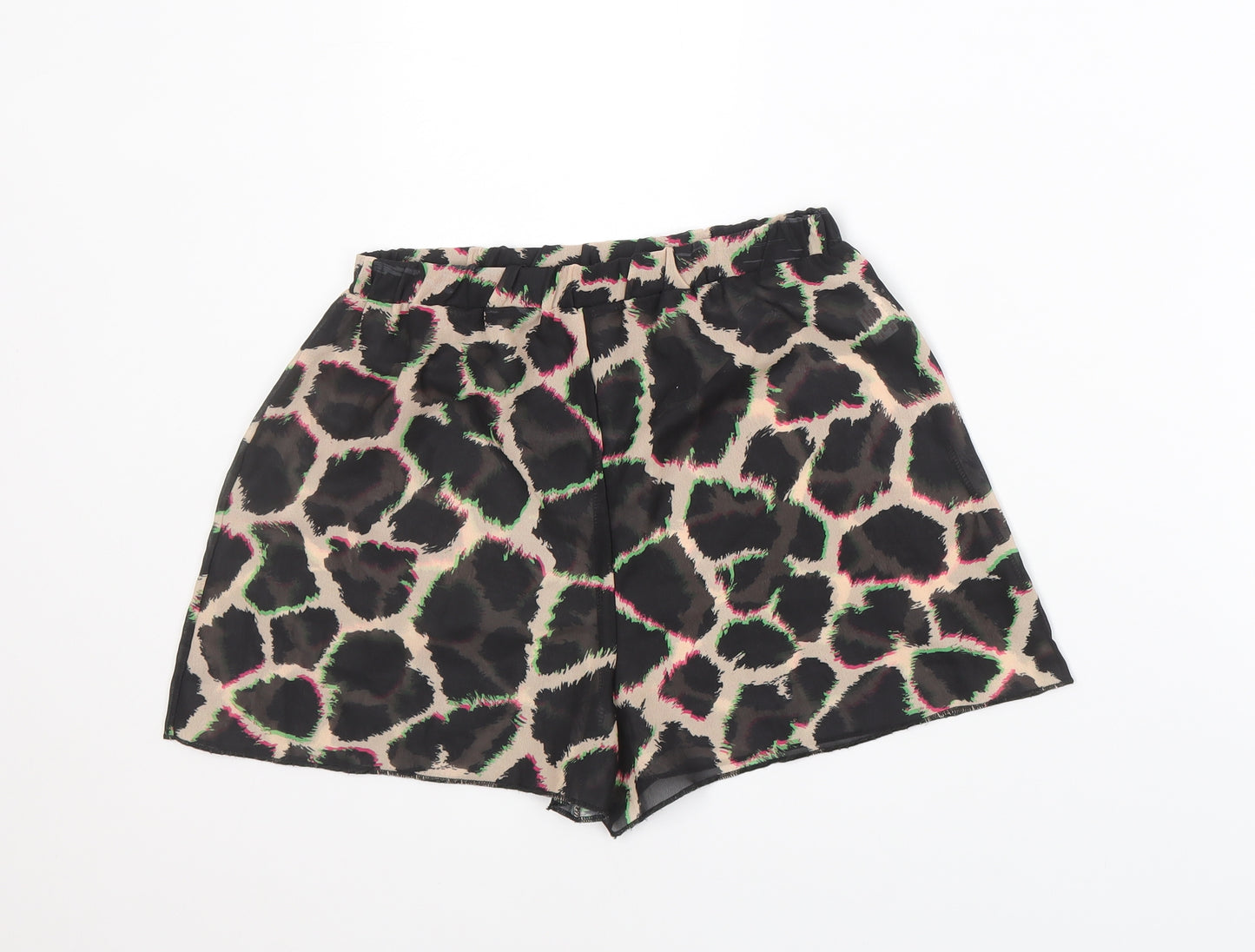 PRETTYLITTLETHING Womens Multicoloured Animal Print Polyester Basic Shorts Size 4 Regular Pull On - Giraffe Print, Sheer, 3 Inch Inside Leg