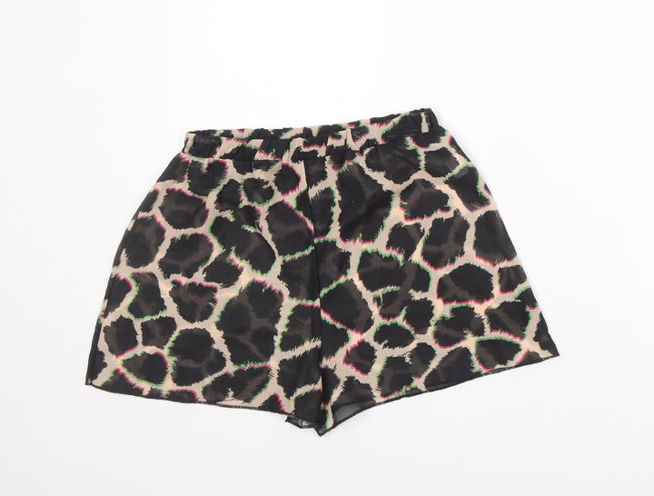 PRETTYLITTLETHING Womens Multicoloured Animal Print Polyester Basic Shorts Size 4 Regular Pull On - Giraffe Print, Sheer, 3 Inch Inside Leg