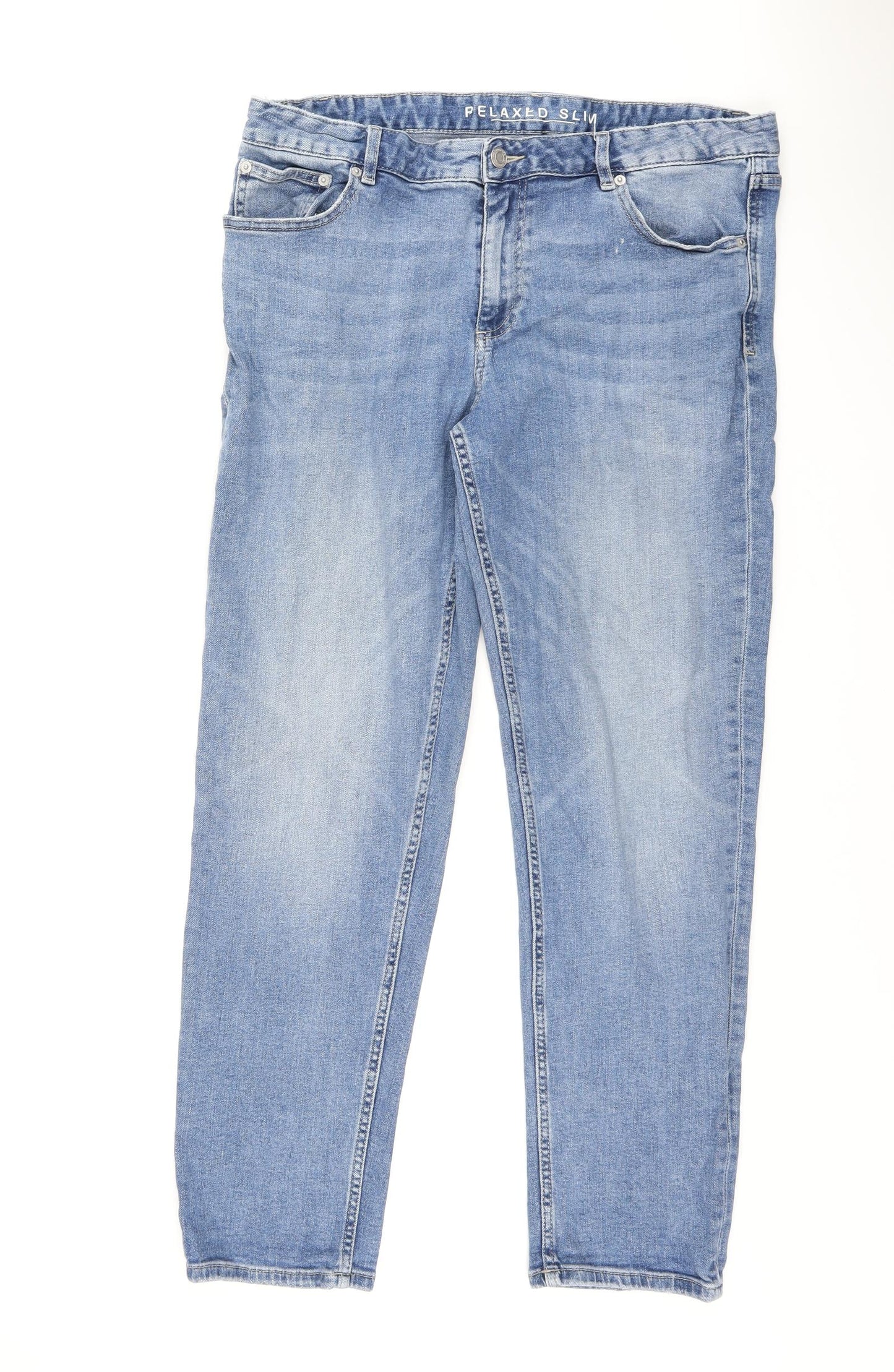 Marks and Spencer Womens Blue Cotton Tapered Jeans Size 14 L26 in Slim Zip