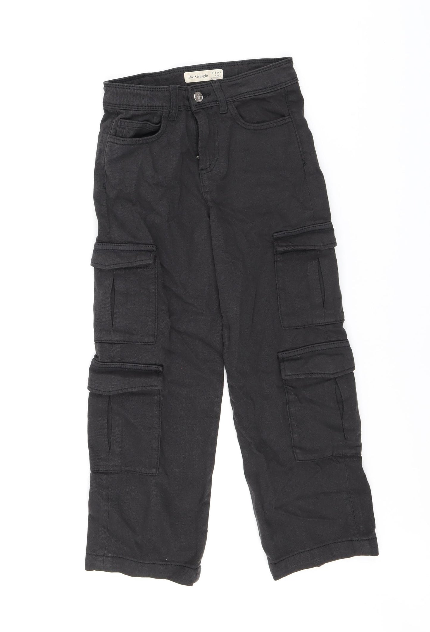 Marks and Spencer Boys Black Cotton Straight Jeans Size 7-8 Years L20 in Regular Zip