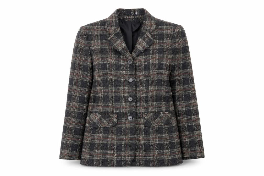 Front view of Dorothy Perkins women’s brown plaid polyester jacket blazer, size UK 10, - extra buttons