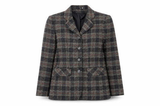 Front view of Dorothy Perkins women’s brown plaid polyester jacket blazer, size UK 10, - extra buttons
