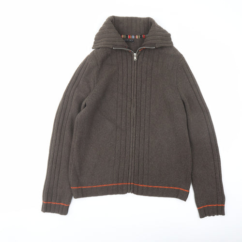 Sisley Mens Brown Collared Wool Full Zip Jumper Size L Long Sleeve