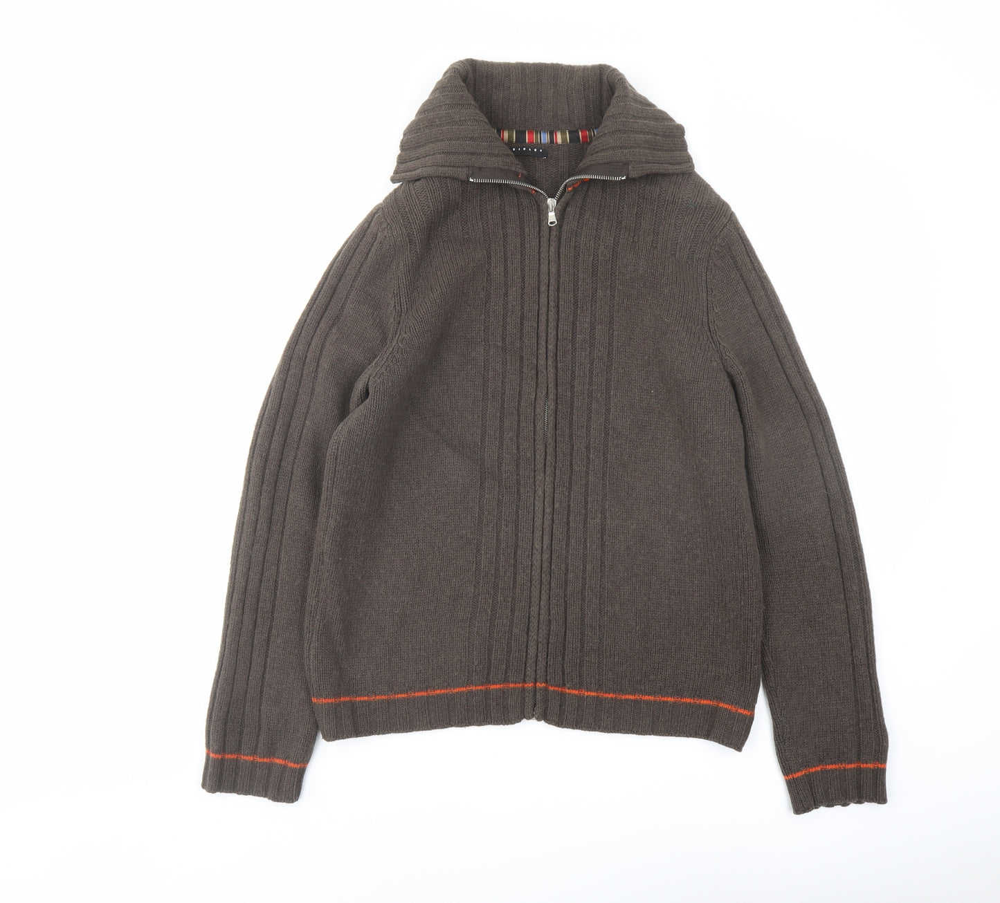 Sisley Mens Brown Collared Wool Full Zip Jumper Size L Long Sleeve
