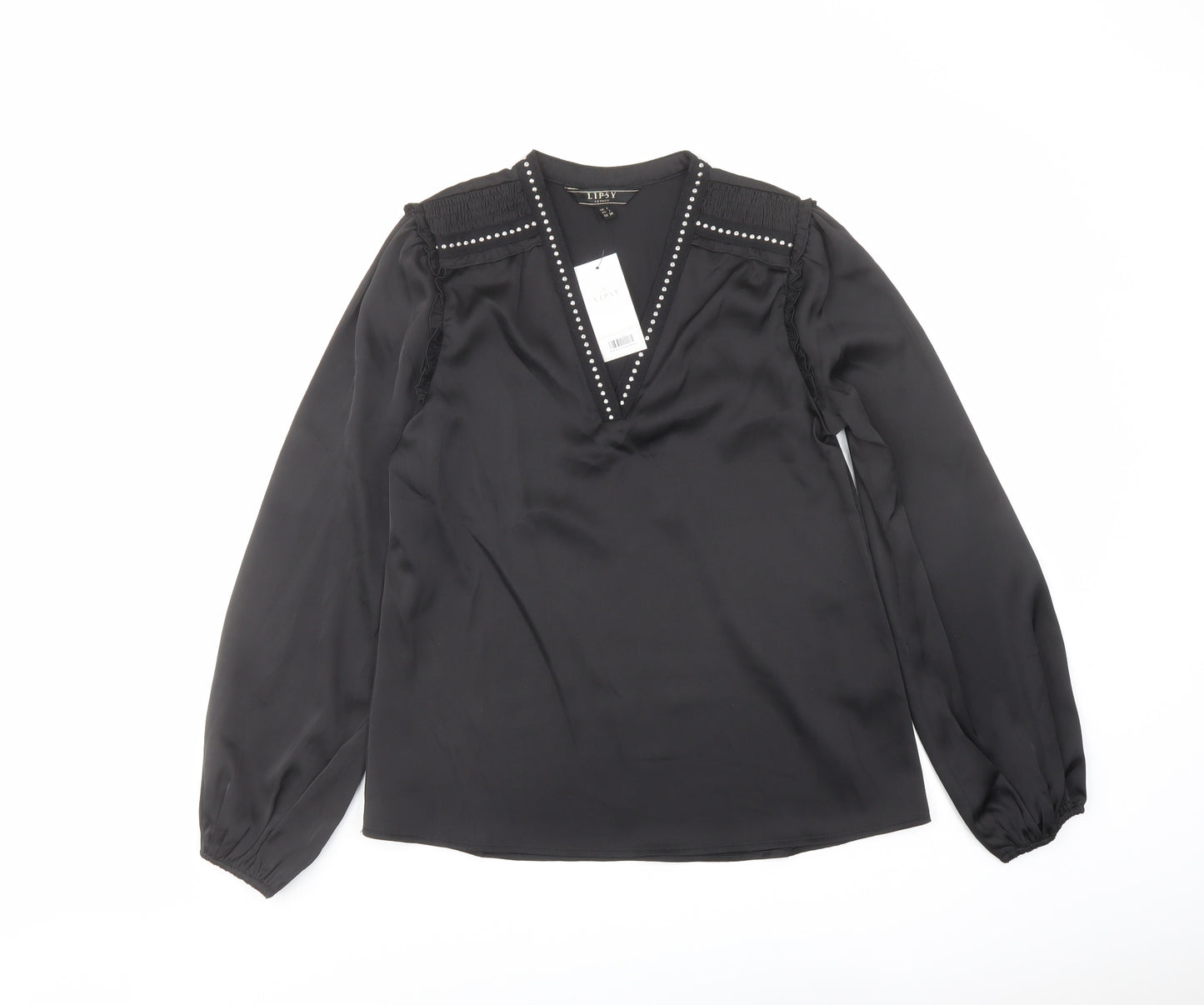 Lipsy Womens Black Polyester Basic Blouse Size 6 V-Neck - Embellished