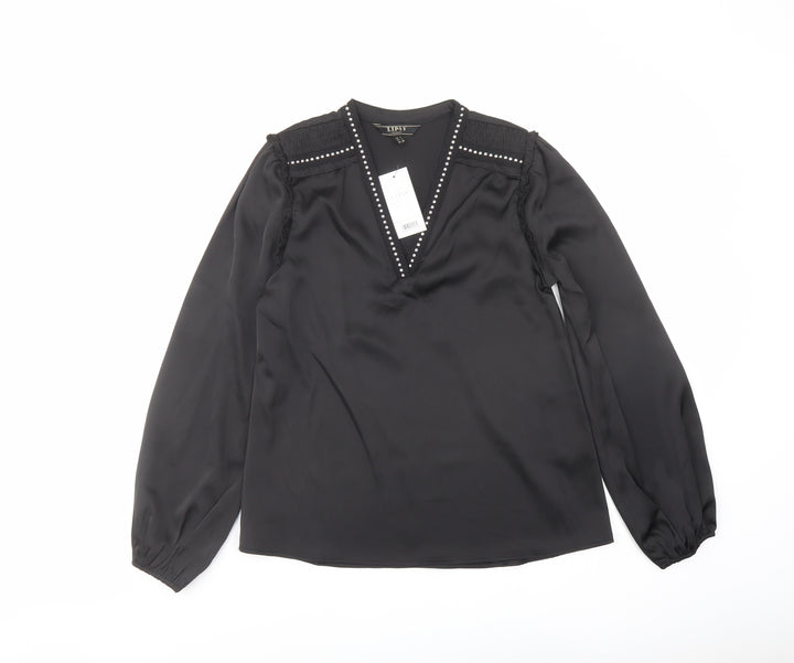 Lipsy Womens Black Polyester Basic Blouse Size 6 V-Neck - Embellished