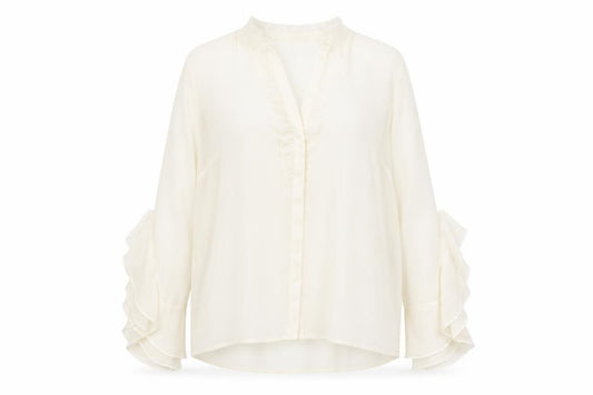 Front view of Forever 21 women’s ivory polyester basic button-up, size M, v-neck