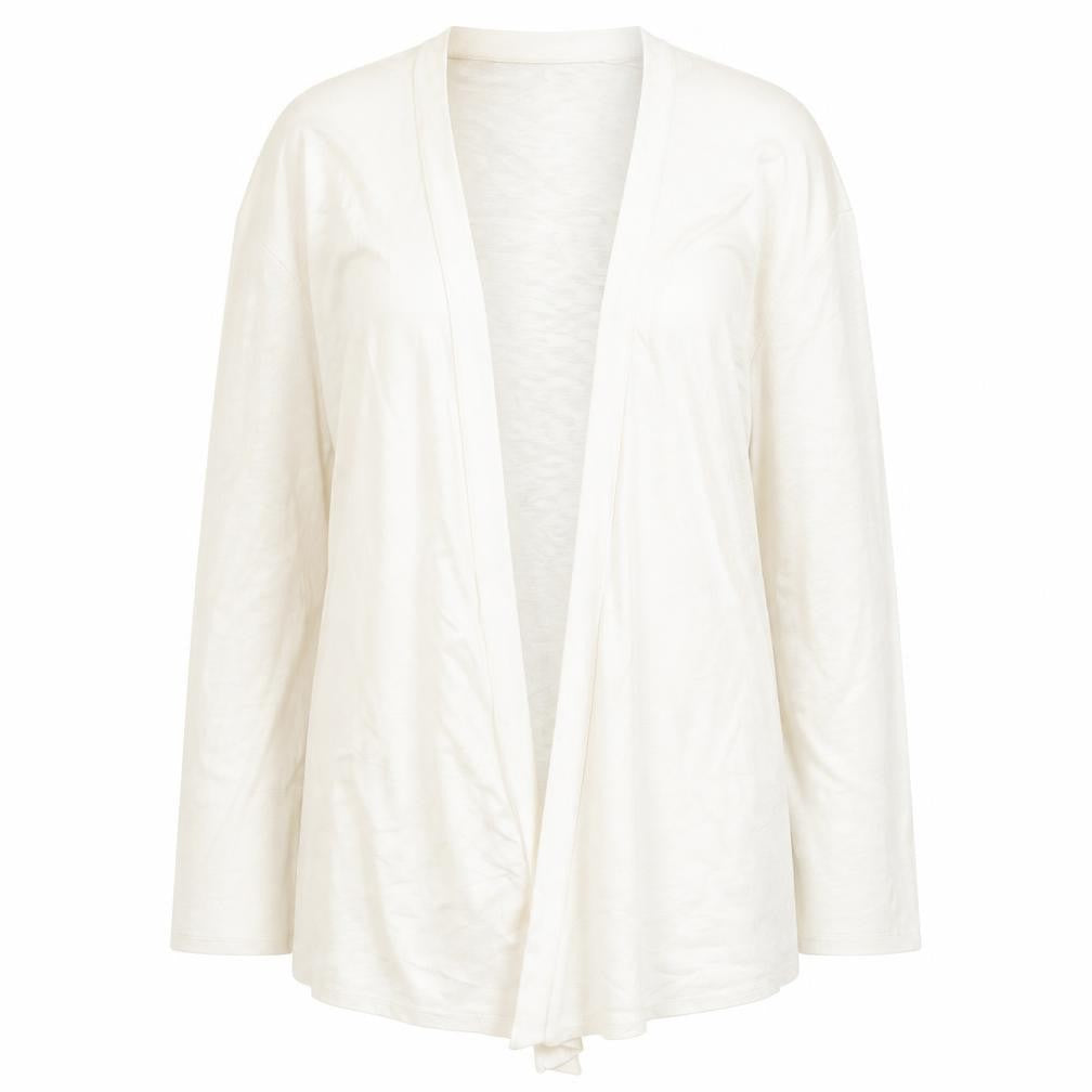 Front view of Saloos women’s ivory viscose basic blouse, size UK 12, v-neck - open