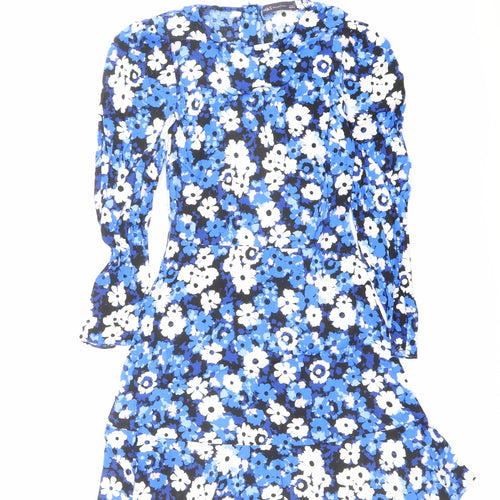 Marks and Spencer Womens Blue Floral Viscose A-Line Size 6 Round Neck Zip