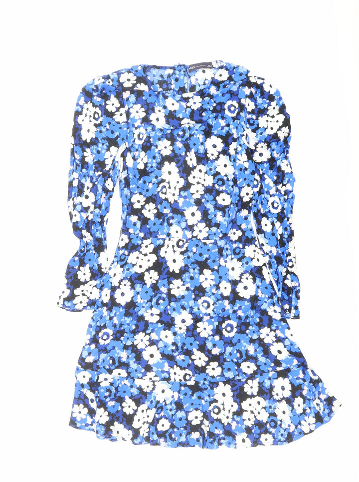 Marks and Spencer Womens Blue Floral Viscose A-Line Size 6 Round Neck Zip