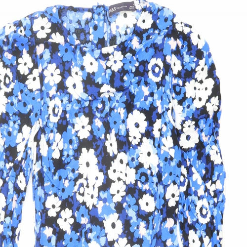 Marks and Spencer Womens Blue Floral Viscose A-Line Size 6 Round Neck Zip