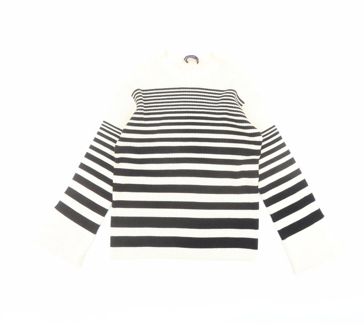 Marks and Spencer Womens Beige Round Neck Striped Acrylic Pullover Jumper Size M