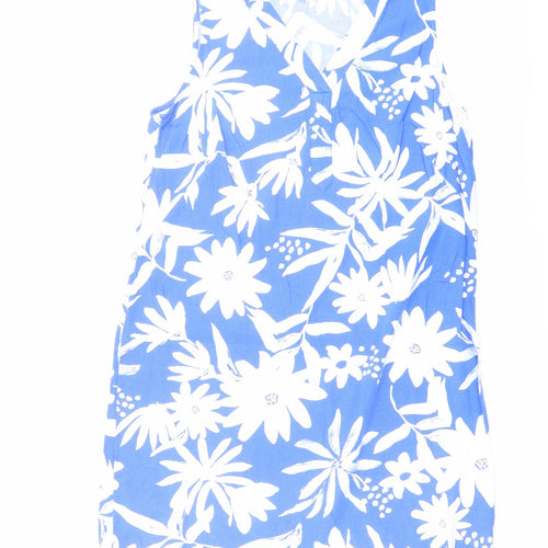 Marks and Spencer Womens Blue Floral Linen A-Line Size 14 V-Neck Pullover
