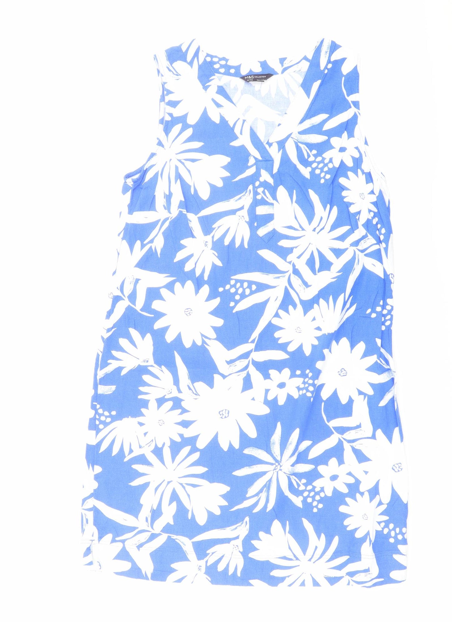 Marks and Spencer Womens Blue Floral Linen A-Line Size 14 V-Neck Pullover